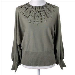 Liv Milano Olive Green Studded Embellished Crew Neck Batwing Sleeve Sweater Top